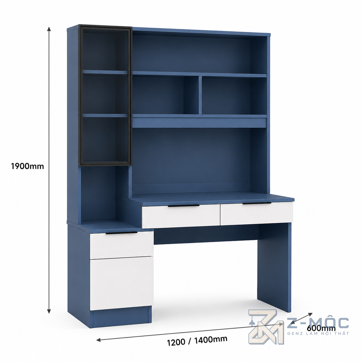 Bàn làm việc liền giá sách màu xanh gọn gàng, tiện dụng