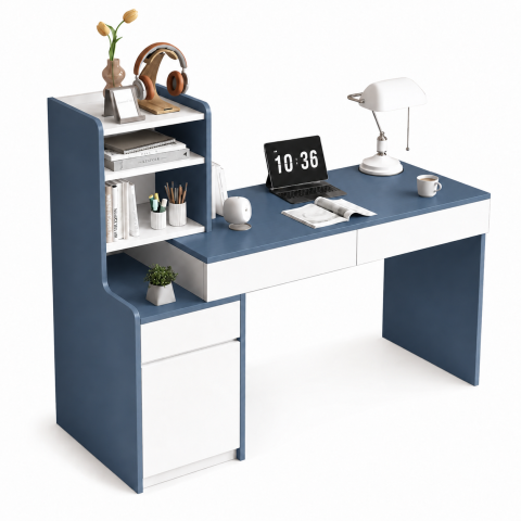 Bàn Làm Việc Liền Kệ Sách Nhỏ Ở Bên Màu Xanh Trắng ZM-70047 - 1400x550x1100mm - ZM-70047.1
