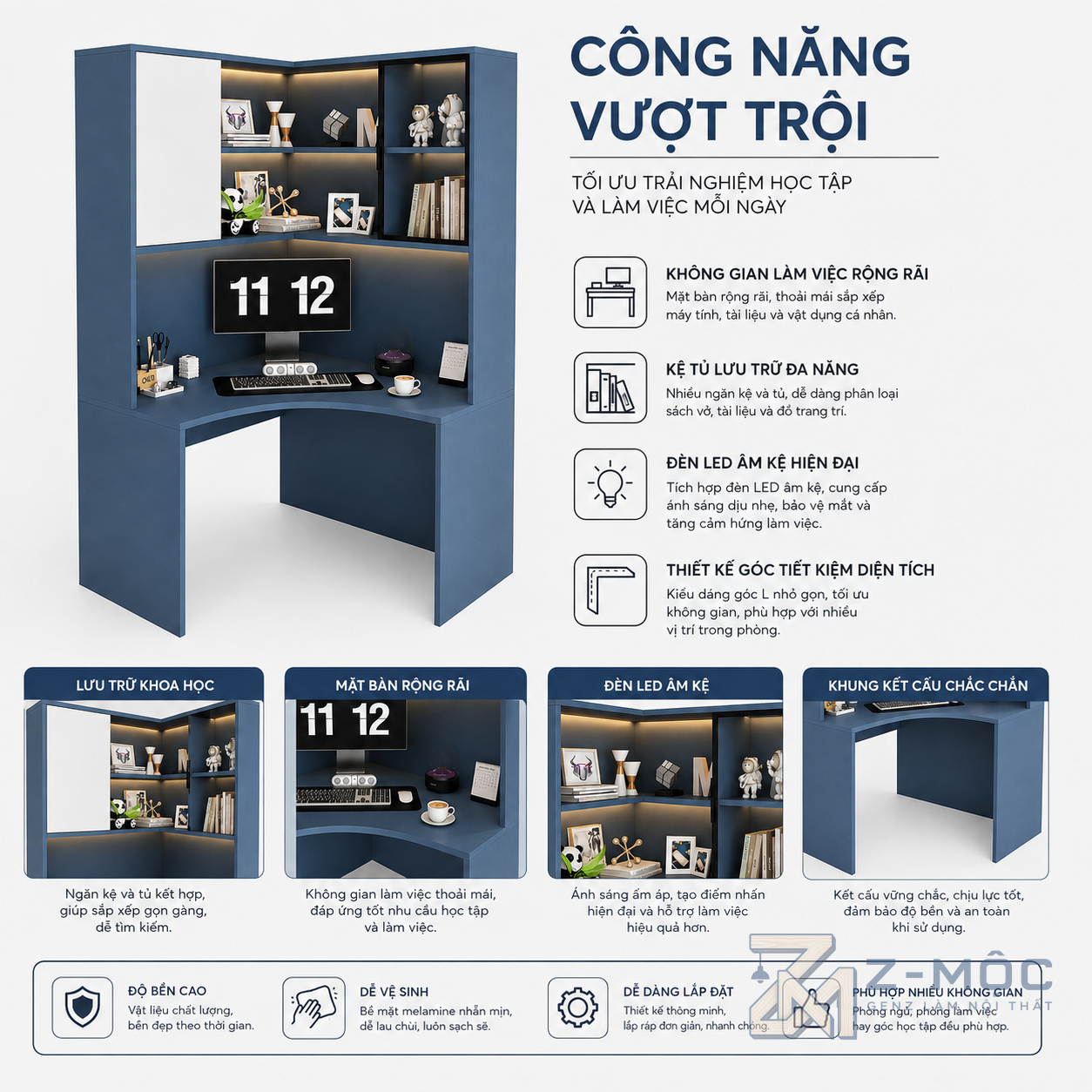 Bàn rộng, kệ nhiều tầng dễ sắp xếp đồ dùng