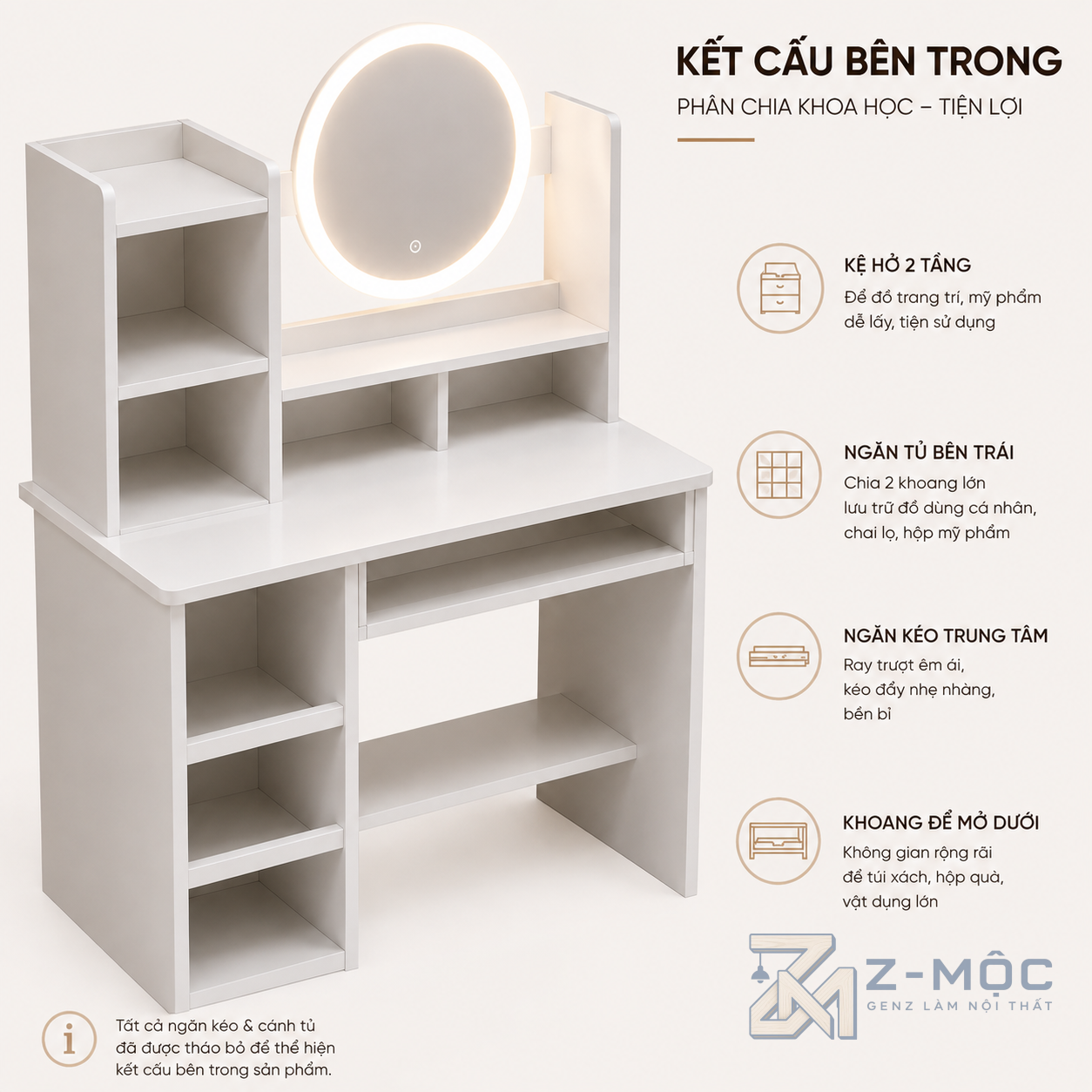 Bàn Trang Điểm Trắng Gương Tròn Nhiều Ngăn Kéo ZM-12002 - ảnh chi tiết 5