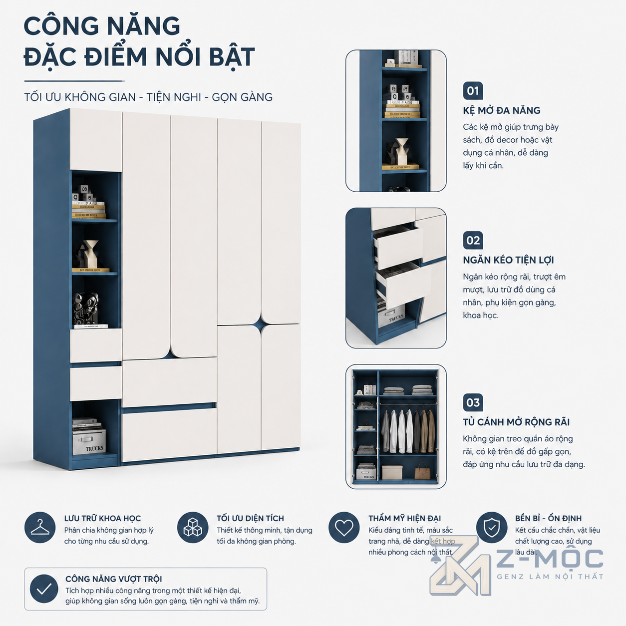 Bốn cánh tủ kết hợp nhiều khoang lưu trữ
