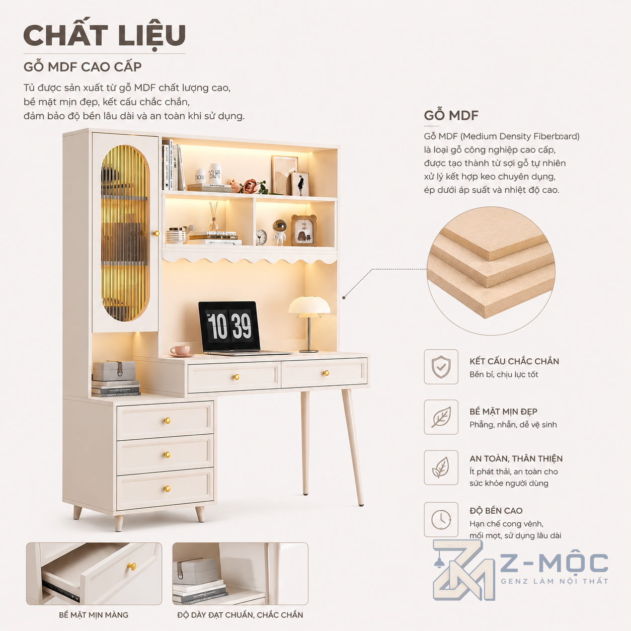 Chất liệu bề mặt sáng màu, dễ vệ sinh