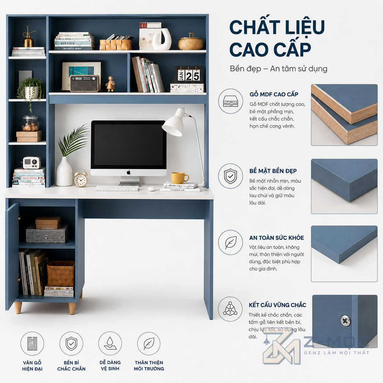 Chất liệu gỗ công nghiệp bền đẹp, dễ bảo quản