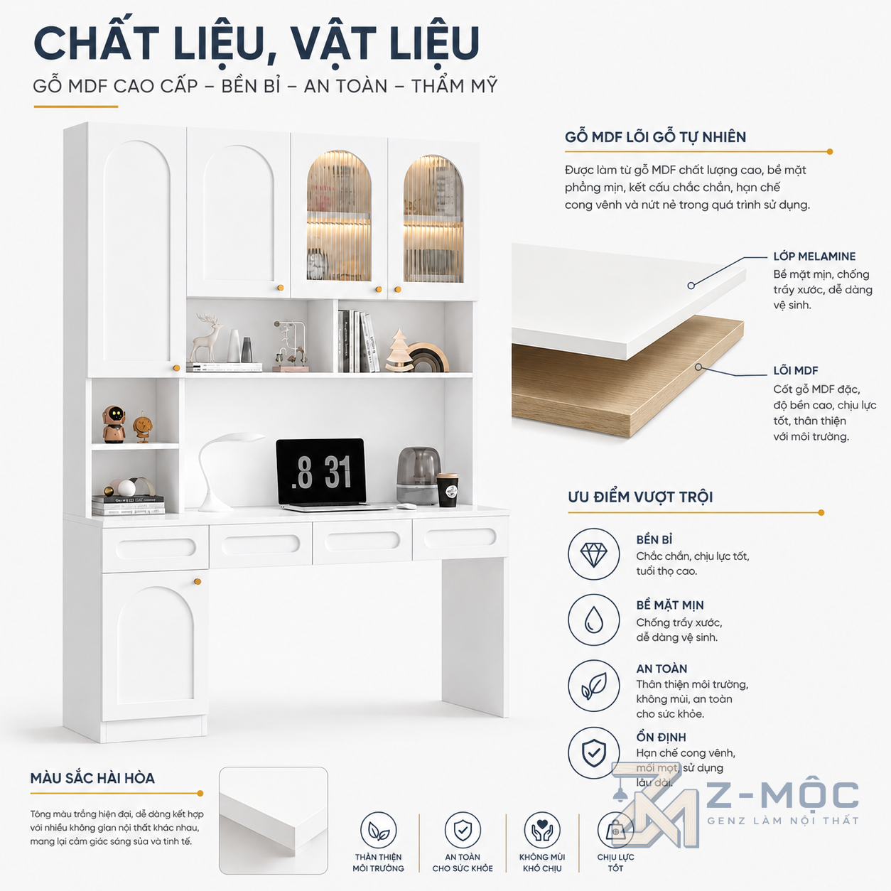 Chất liệu gỗ MDF phủ Melamine bền đẹp