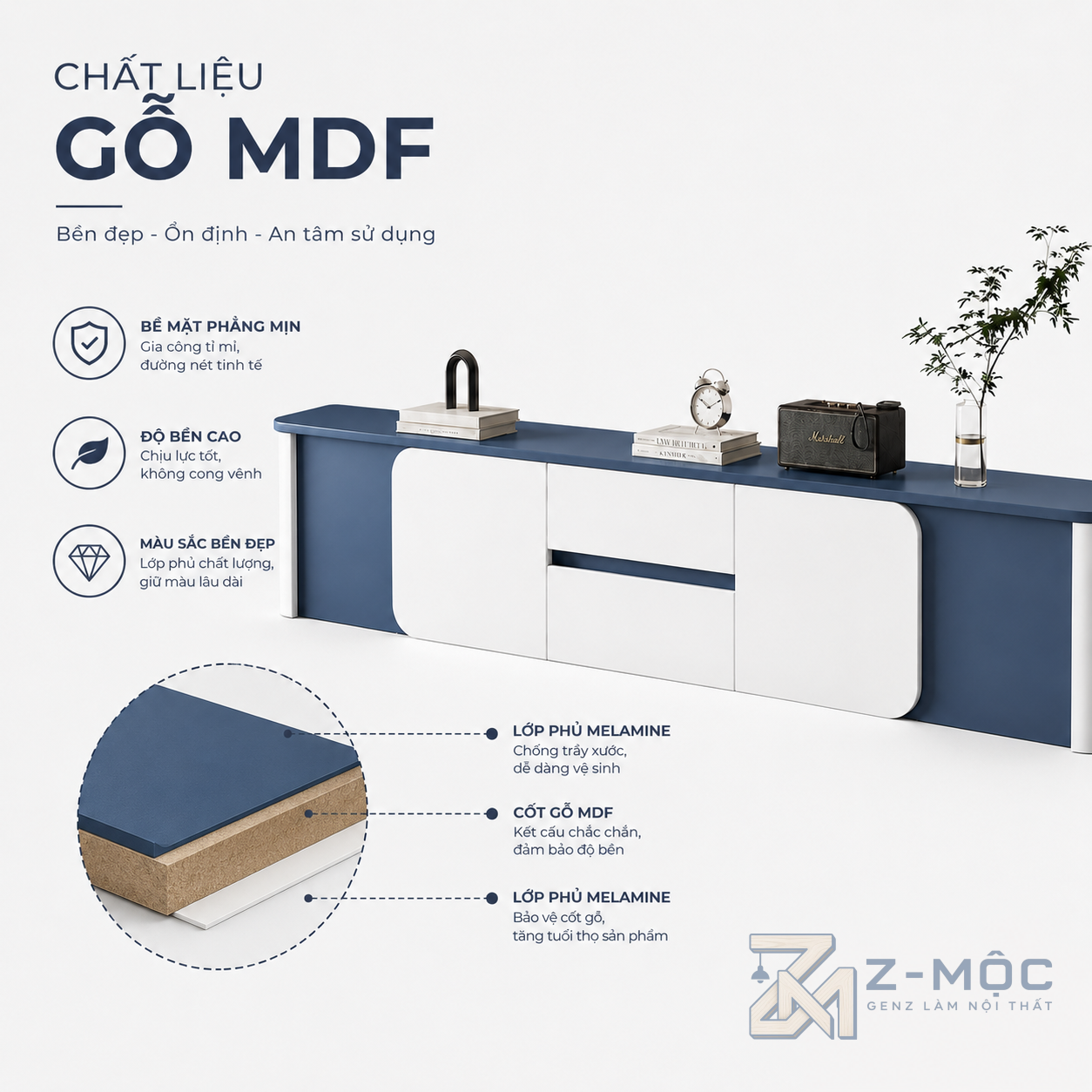 Chất liệu gỗ MDF phủ Melamine bền đẹp