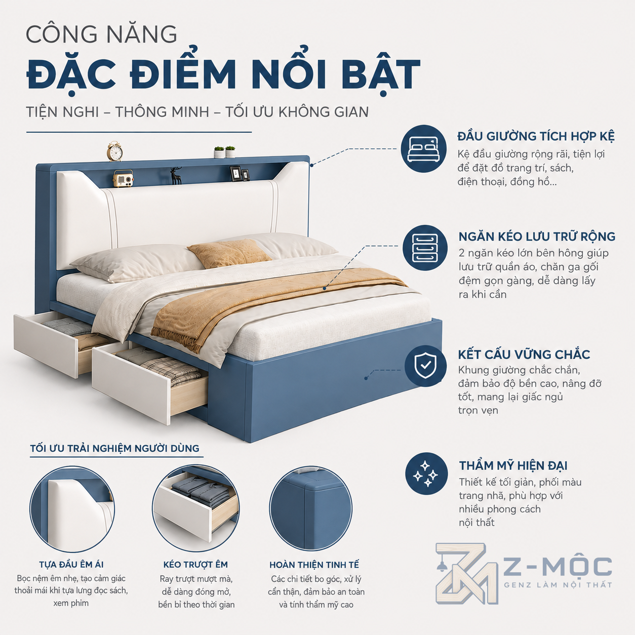 Đầu giường có đệm và kệ để đồ tiện dụng
