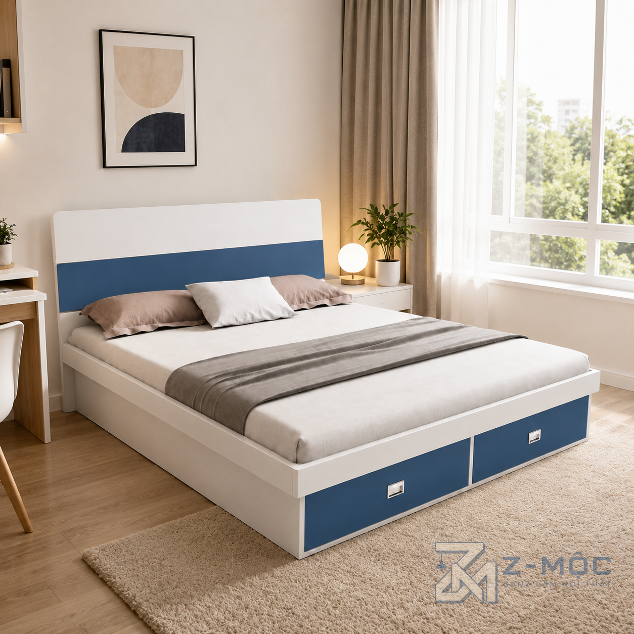 Giường ngủ 2 ngăn kéo màu trắng xanh hiện đại ZM-11029 - ảnh chi tiết 5