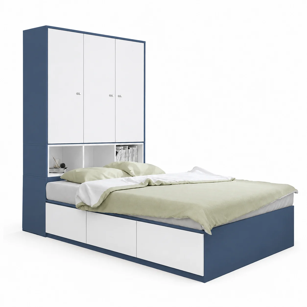 Giường Ngủ Liền Tủ Để Đồ Màu Xanh Trắng ZM-11030 - 1600x2000mm + Tủ 1400x300x2000mm - ZM-11030.2
