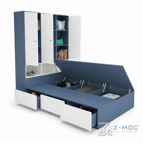 Giường Ngủ Liền Tủ Để Đồ Màu Xanh Trắng ZM-11030 - ảnh chi tiết 1