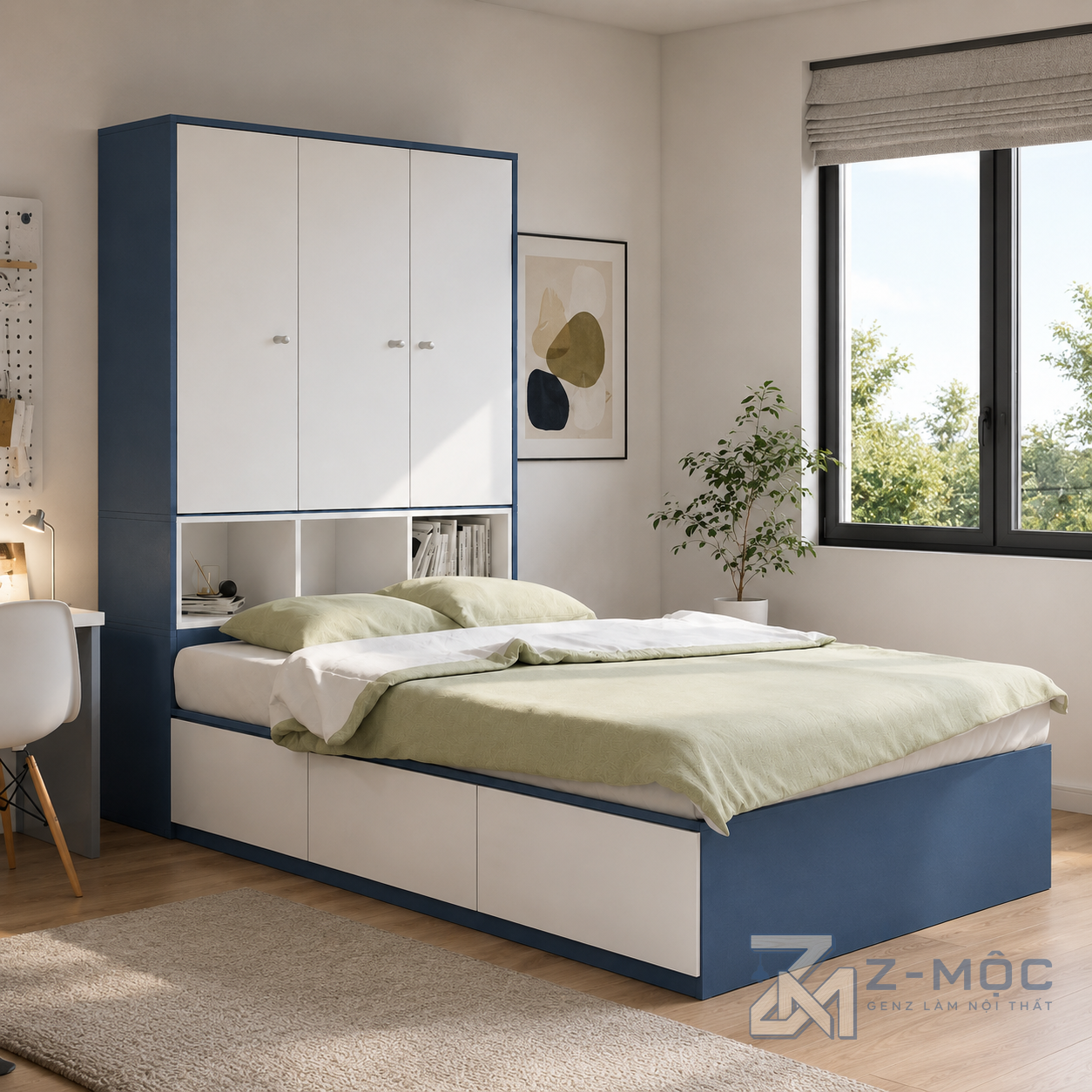 Giường Ngủ Liền Tủ Để Đồ Màu Xanh Trắng ZM-11030 - ảnh chi tiết 7