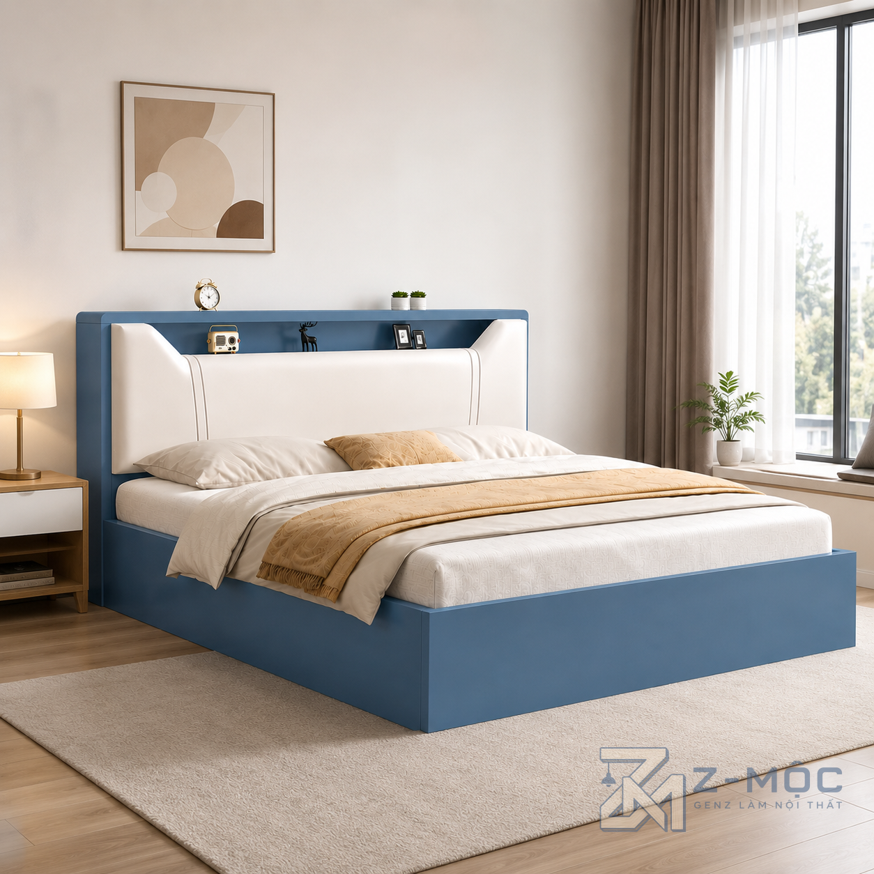 Giường Ngủ Xanh Có Đệm Đầu Giường Liền Kệ Để Đồ ZM-11032 - ảnh chi tiết 6