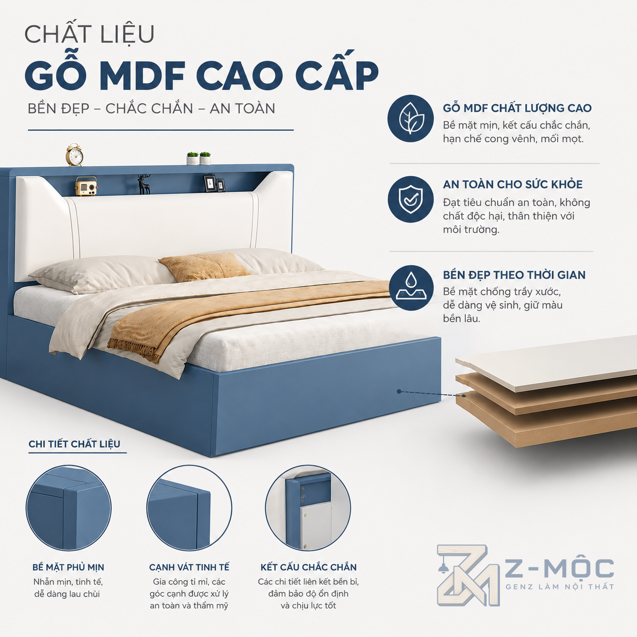 Gỗ MDF phủ Melamine, bề mặt dễ vệ sinh