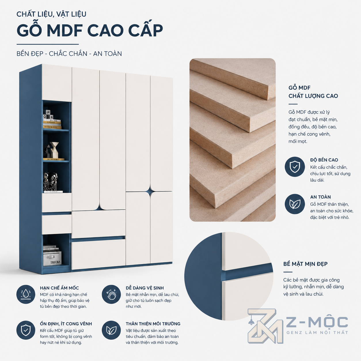 Gỗ MDF phủ Melamine bề mặt đẹp, dễ vệ sinh