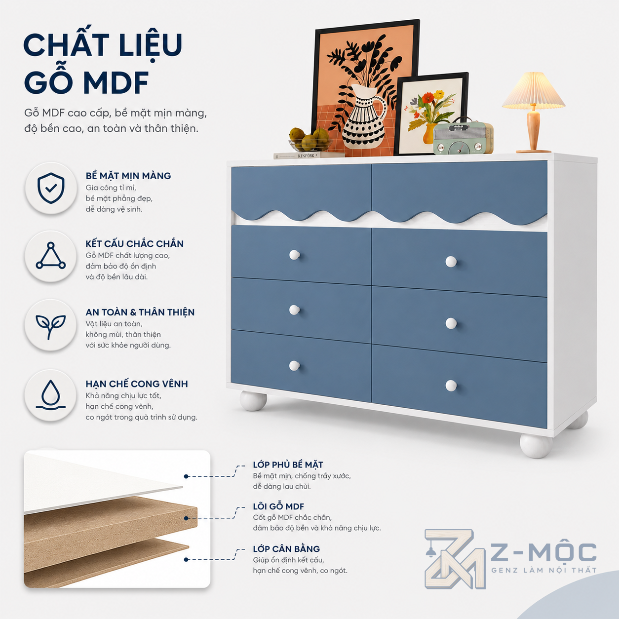 Gỗ MDF phủ Melamine bền đẹp, dễ vệ sinh
