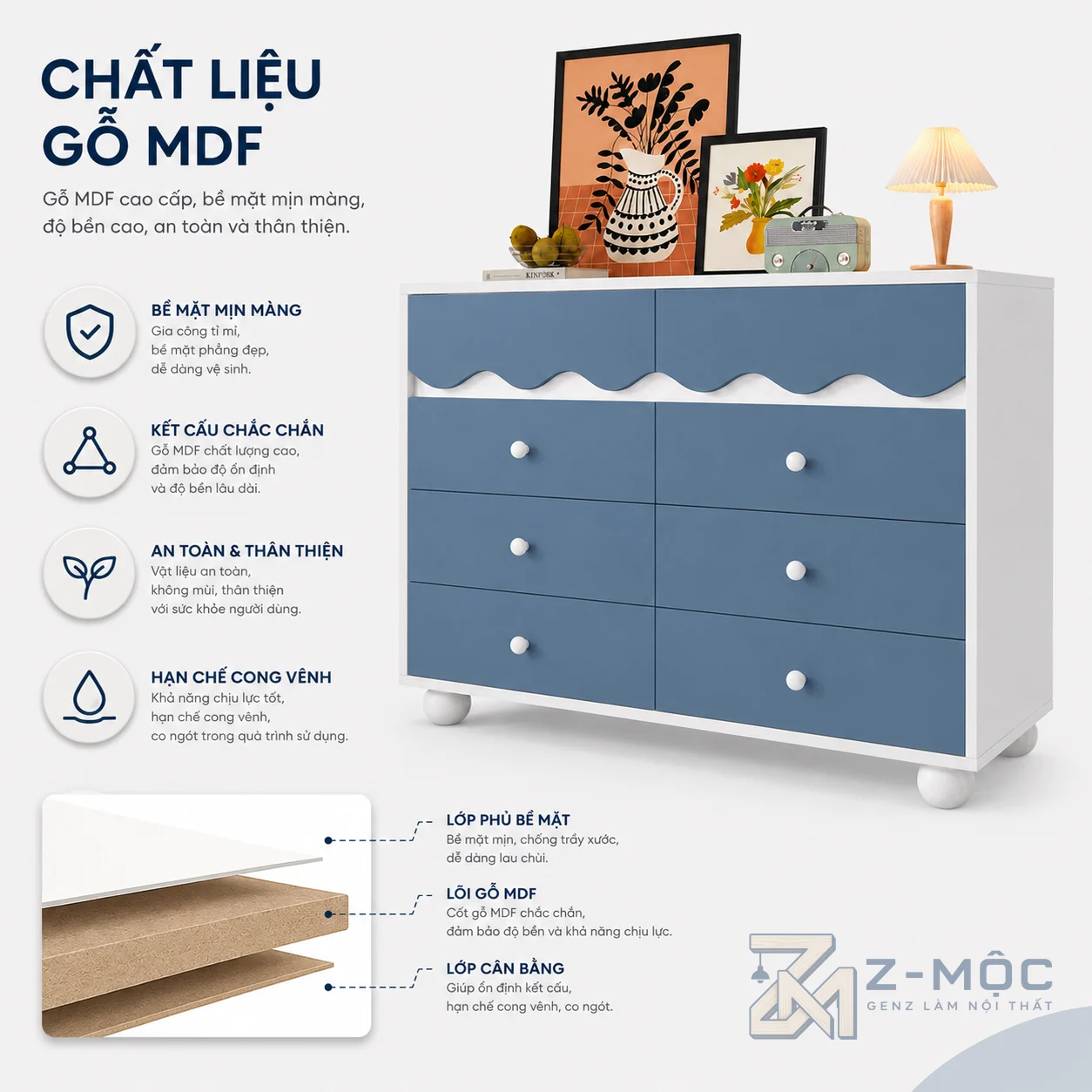 Gỗ MDF phủ Melamine bền đẹp, dễ vệ sinh