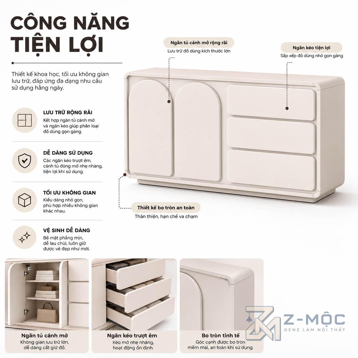 Hai khoang cánh kết hợp ba ngăn kéo tiện dụng
