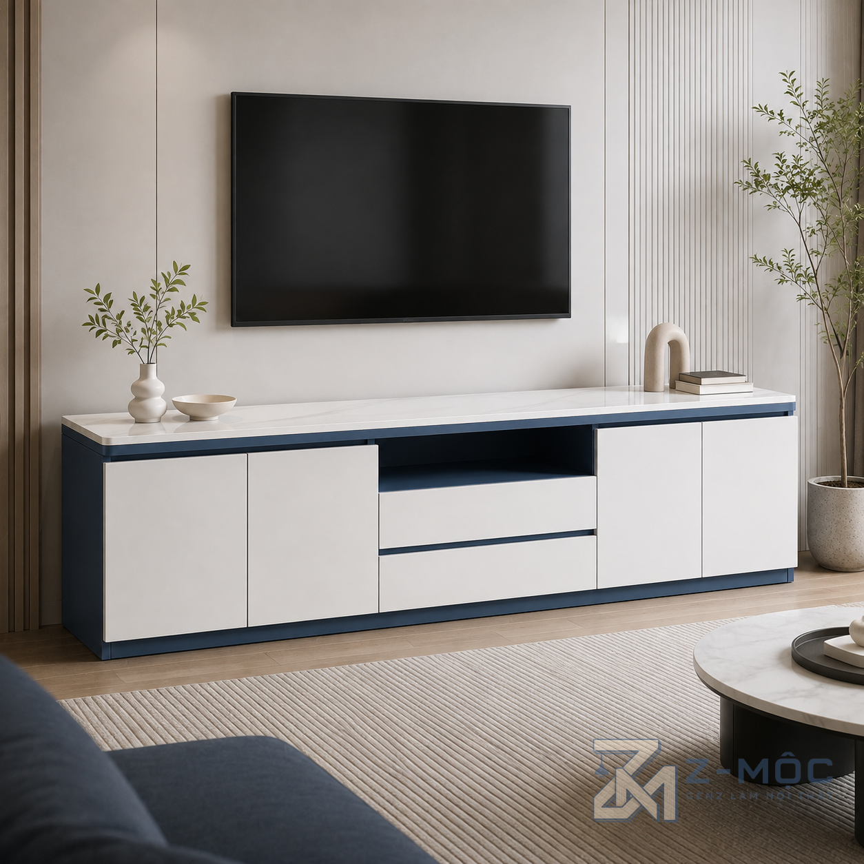 Kệ Tivi Dài Kèm Mặt Đá Trắng Phối Xanh Hiện Đại ZM-90003 - ảnh chi tiết 7