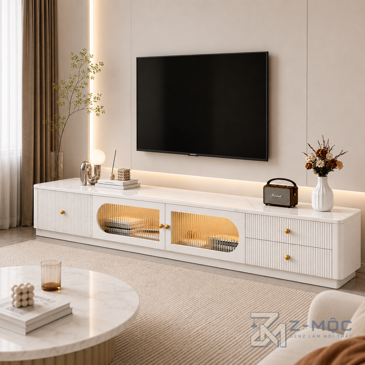 Kệ Tivi Trắng Cánh Kính Sọc Đẹp Độc Đáo ZM-90008 - ảnh chi tiết 6