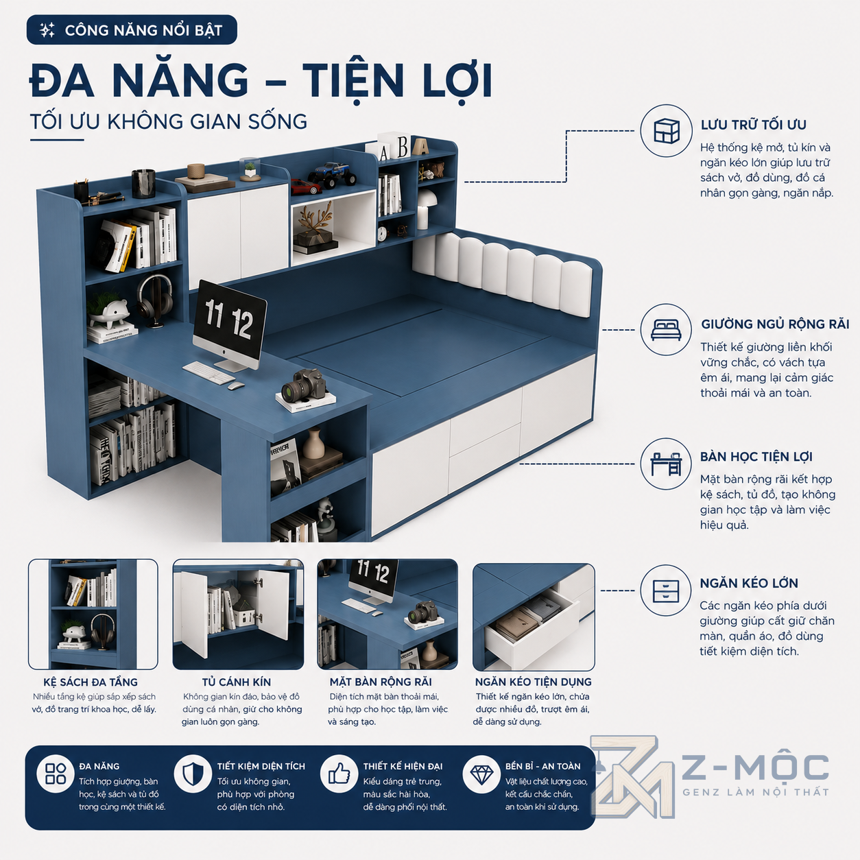 Kết hợp bàn làm việc và kệ sách tiện dụng