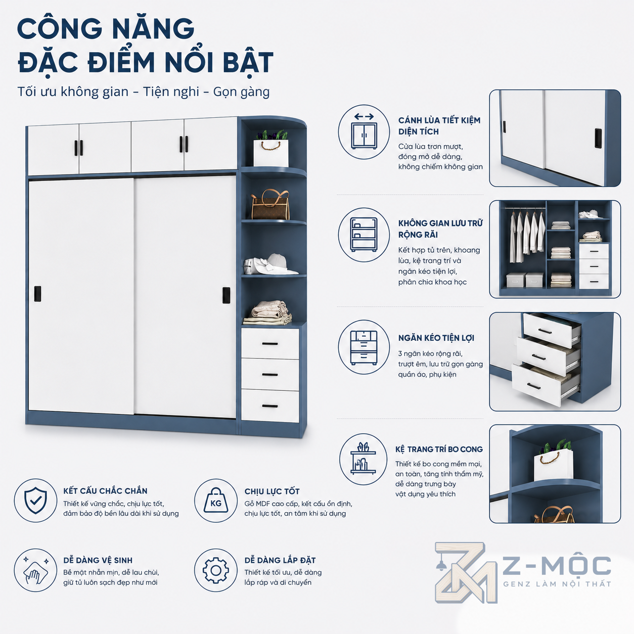 Kết hợp khoang kín, kệ mở và ngăn kéo trong một thiết kế