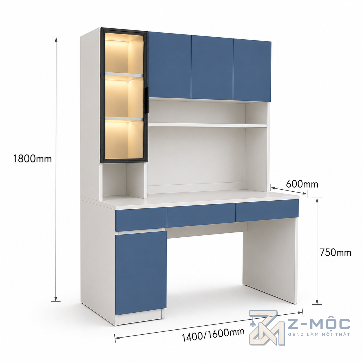 Kích thước chi tiết Bàn Học Liền Giá Sách Có Tủ Kính Đèn LED Xanh Trắng ZM-70033