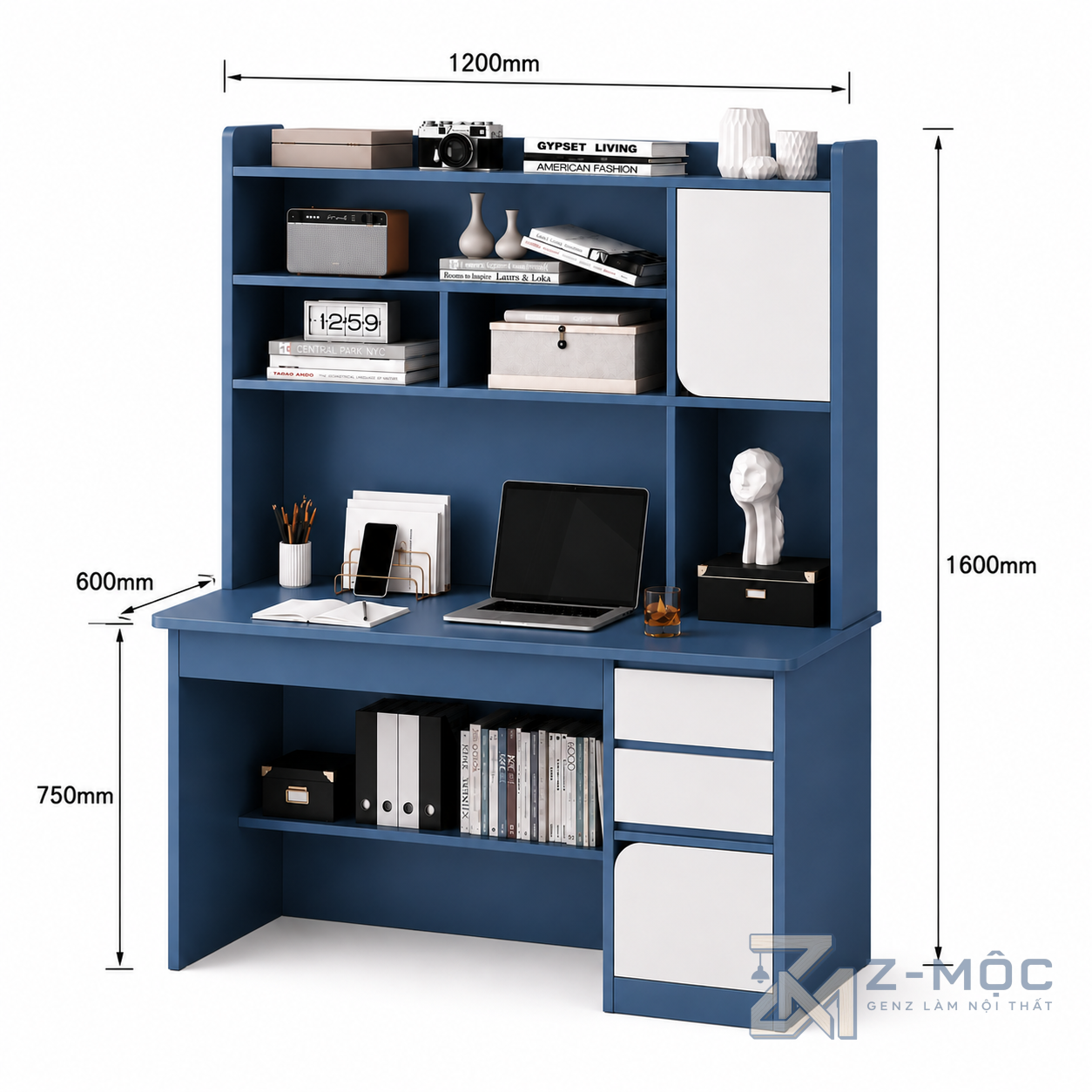 Kích thước chi tiết Bàn Học Liền Giá Sách Màu Xanh Có Tủ Lưu Trữ ZM-70031