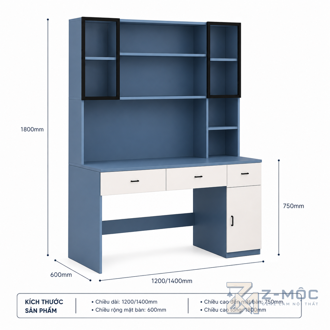 Kích thước chi tiết Bàn Học Liền Giá Sách Màu Xanh Trắng Đa Năng ZM-70039