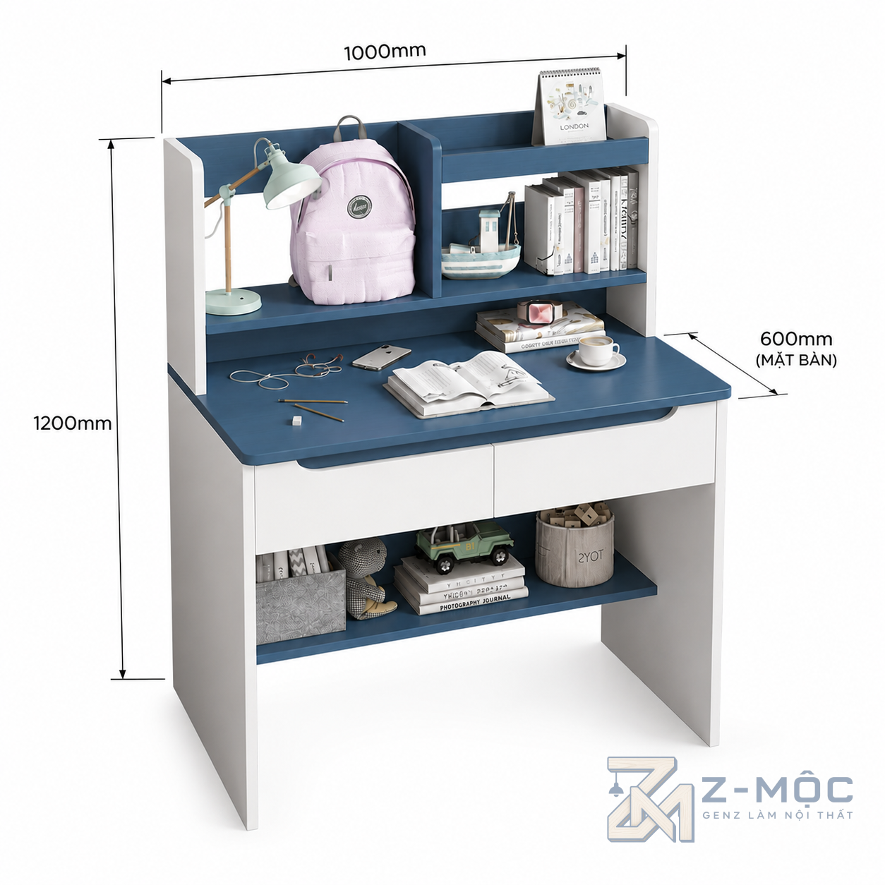 Kích thước chi tiết Bàn Học Liền Kệ Sách 2 Ngăn Kéo Nhỏ Gọn Hiện Đại ZM-70032
