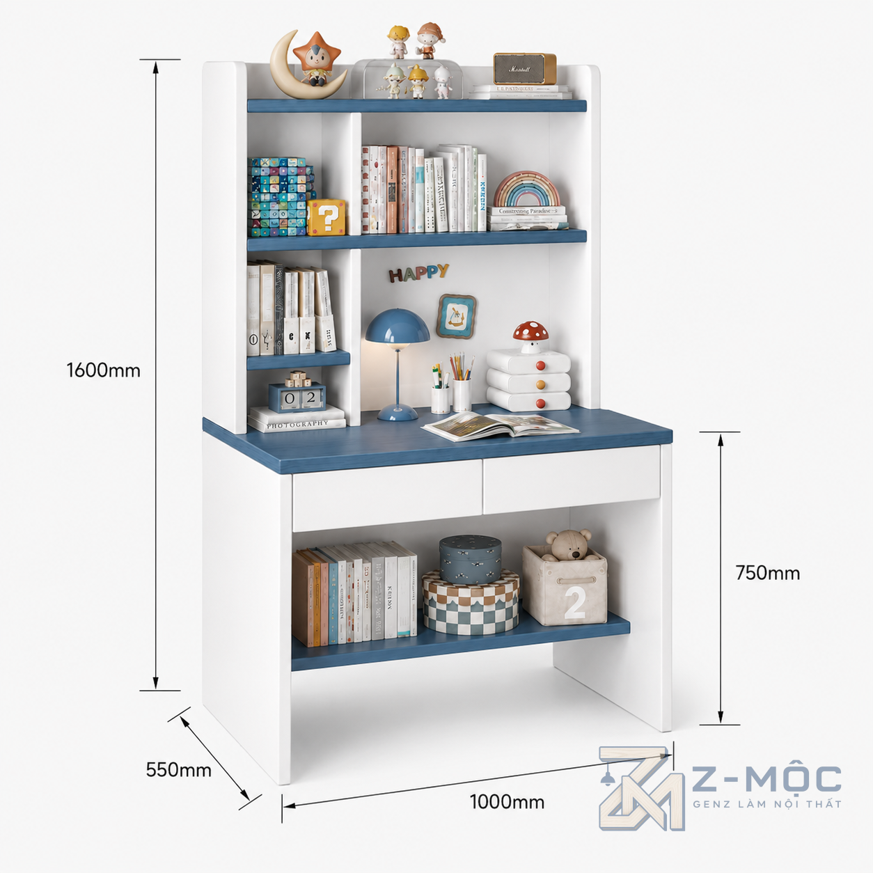 Kích thước chi tiết Bàn Học Trắng Xanh Nhiều Ngăn Có Kệ Sách Cho Bé ZM-70046