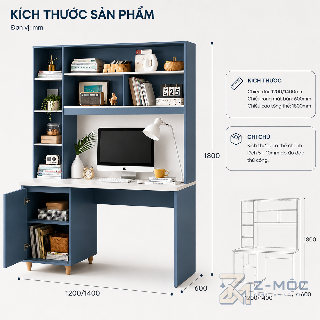Kích thước chi tiết Bàn Học Và Làm Việc Liền Giá Sách Có Tủ Lưu Trữ ZM-70038