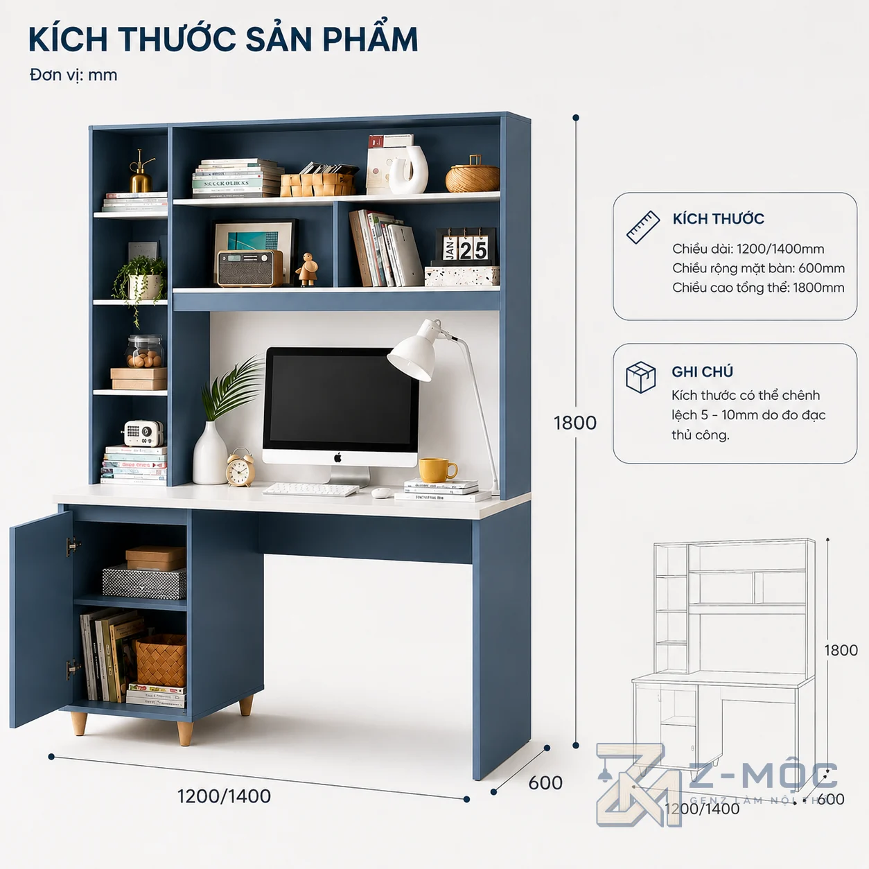Kích thước chi tiết Bàn Học Và Làm Việc Liền Giá Sách Có Tủ Lưu Trữ ZM-70038