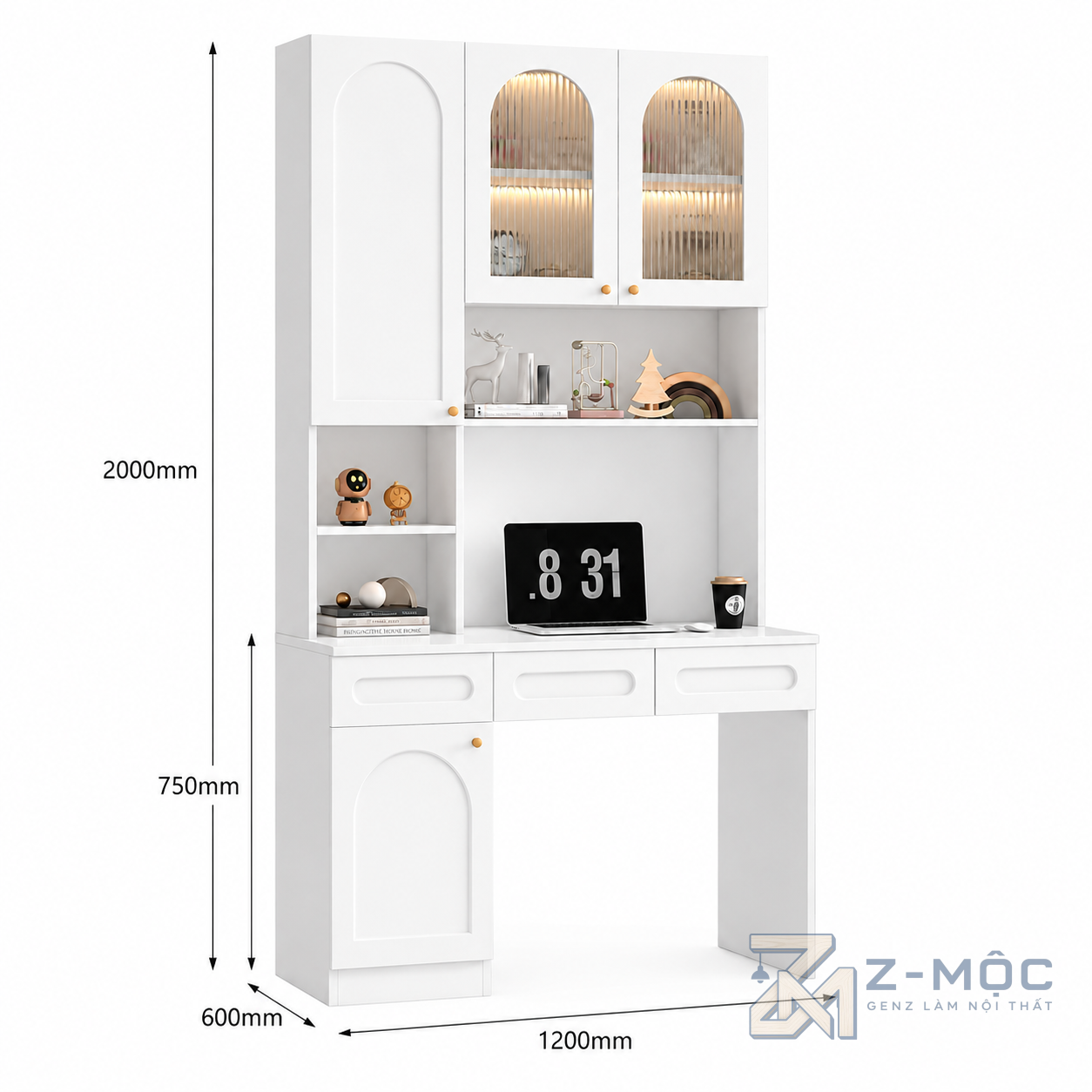 Kích thước chi tiết Bàn Học Và Làm Việc Màu Trắng Liền Kệ Kính Độc Đáo ZM-70051