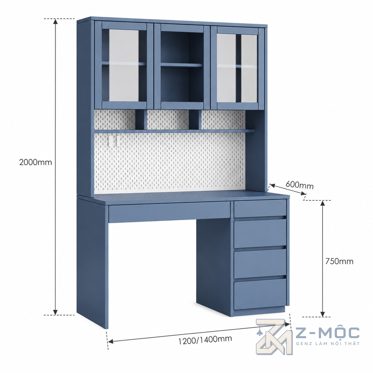 Kích thước chi tiết Bàn Học Và Làm Việc Màu Xanh Liền Kệ Tủ kính ZM-70049