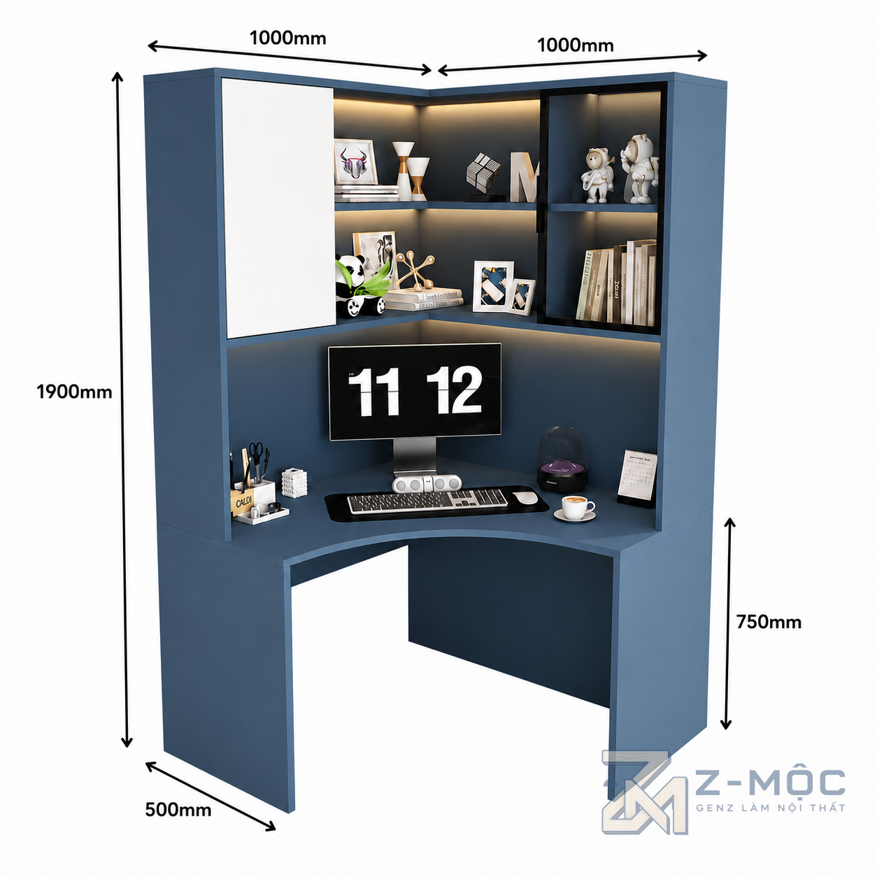 Kích thước chi tiết Bàn Làm Việc Góc Chữ L Màu Xanh Liền Kệ Hiện Đại ZM-70053