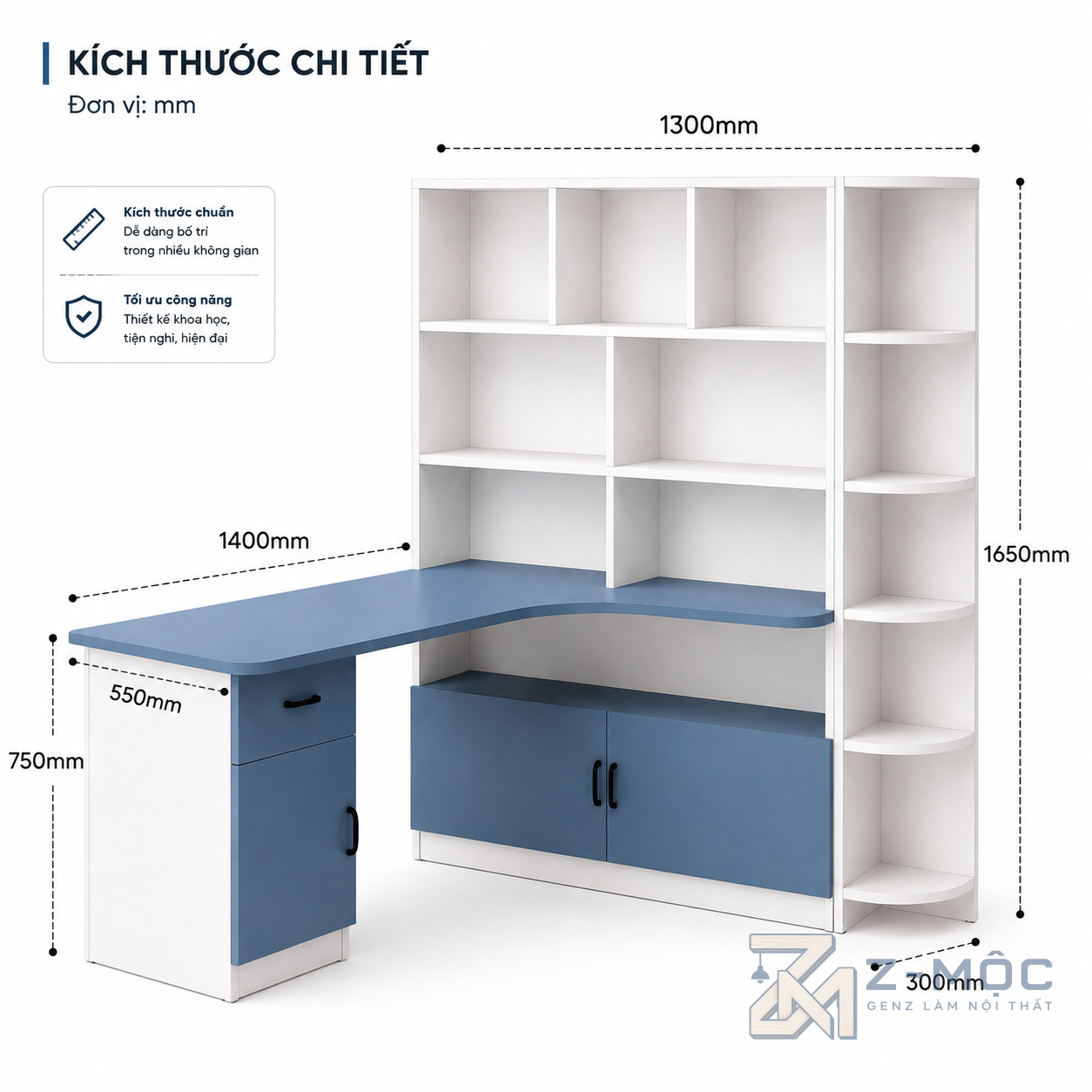 Kích thước chi tiết Bàn Làm Việc Liền Giá Sách Màu Xanh Gọn Gàng ZM-70042