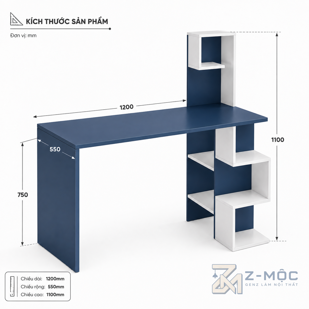 Kích thước chi tiết Bàn Làm Việc Liền Kệ Sách Hiện Đại Và Đa Năng ZM-70037