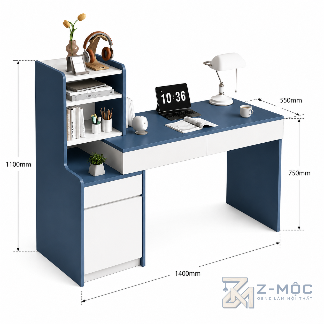 Kích thước chi tiết Bàn Làm Việc Liền Kệ Sách Nhỏ Ở Bên Màu Xanh Trắng ZM-70047
