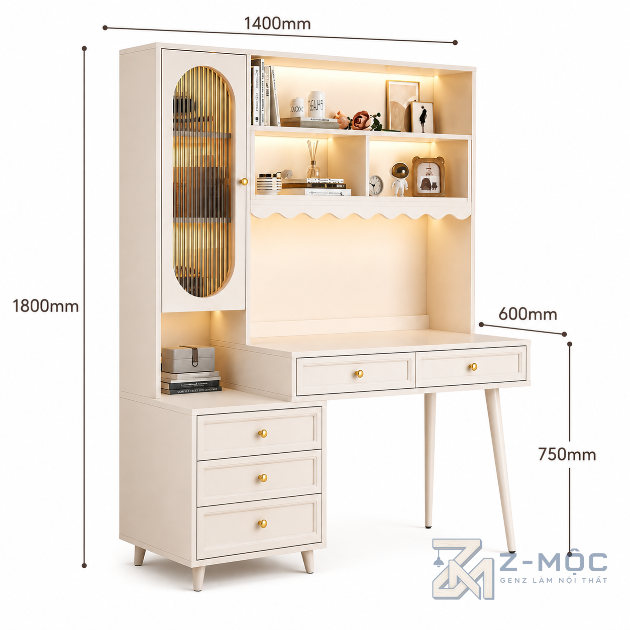 Kích thước chi tiết Bàn Làm Việc Liền Tủ Trang Trí Màu Kem ZM-70045