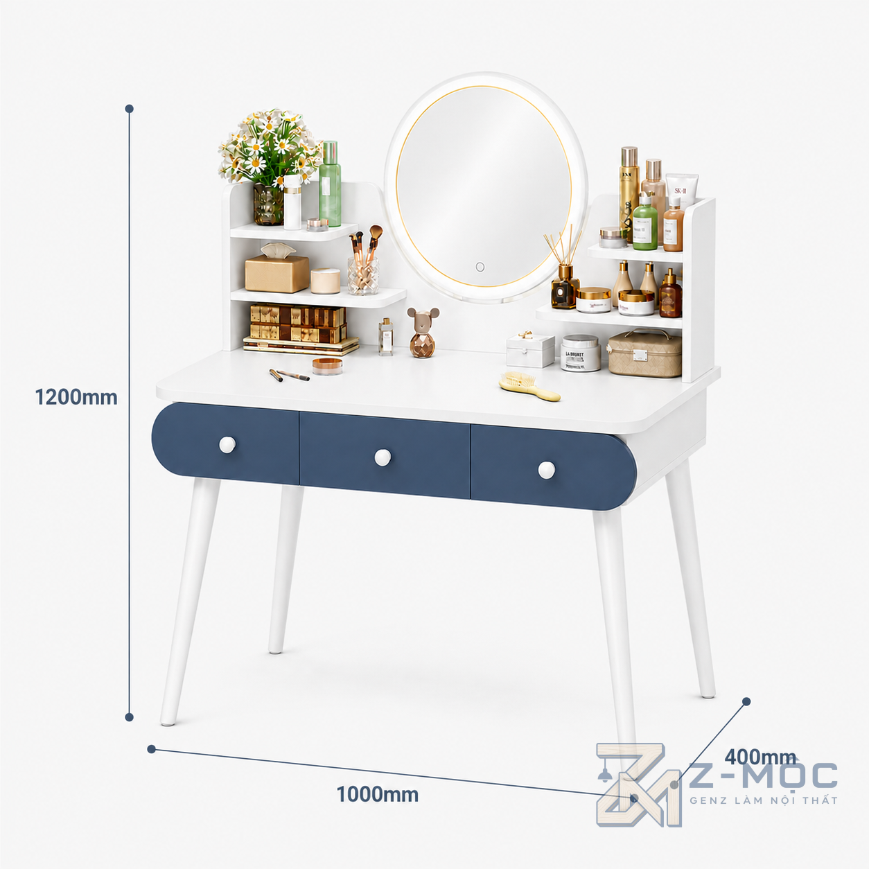 Kích thước chi tiết Bàn Trang Điểm Trắng Ngăn Kéo Xanh Gương Tròn ZM-12003