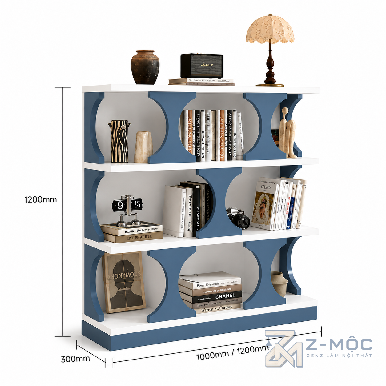 Kích thước chi tiết Giá Sách 3 Tầng Màu Xanh Trắng Thiết Kế Độc Đáo ZM-71011