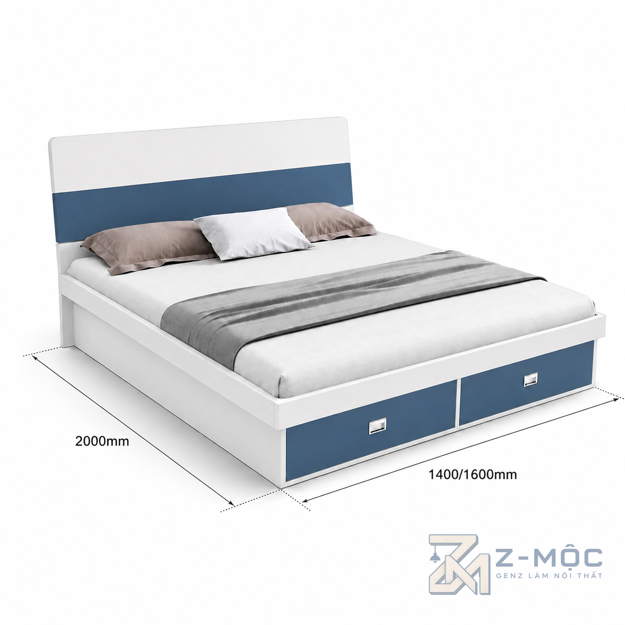 Kích thước chi tiết Giường ngủ 2 ngăn kéo màu trắng xanh hiện đại ZM-11029