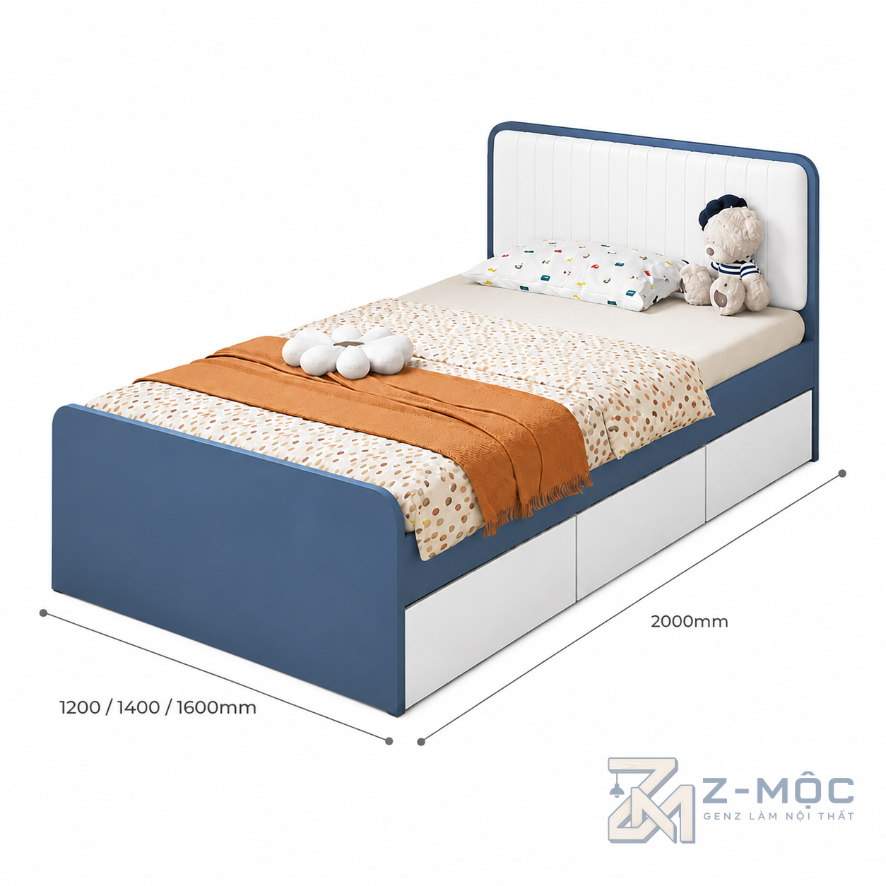 Kích thước chi tiết Giường Ngủ Bọc Nệm Có Ngăn Kéo Cho Phòng Nhỏ ZM-11037