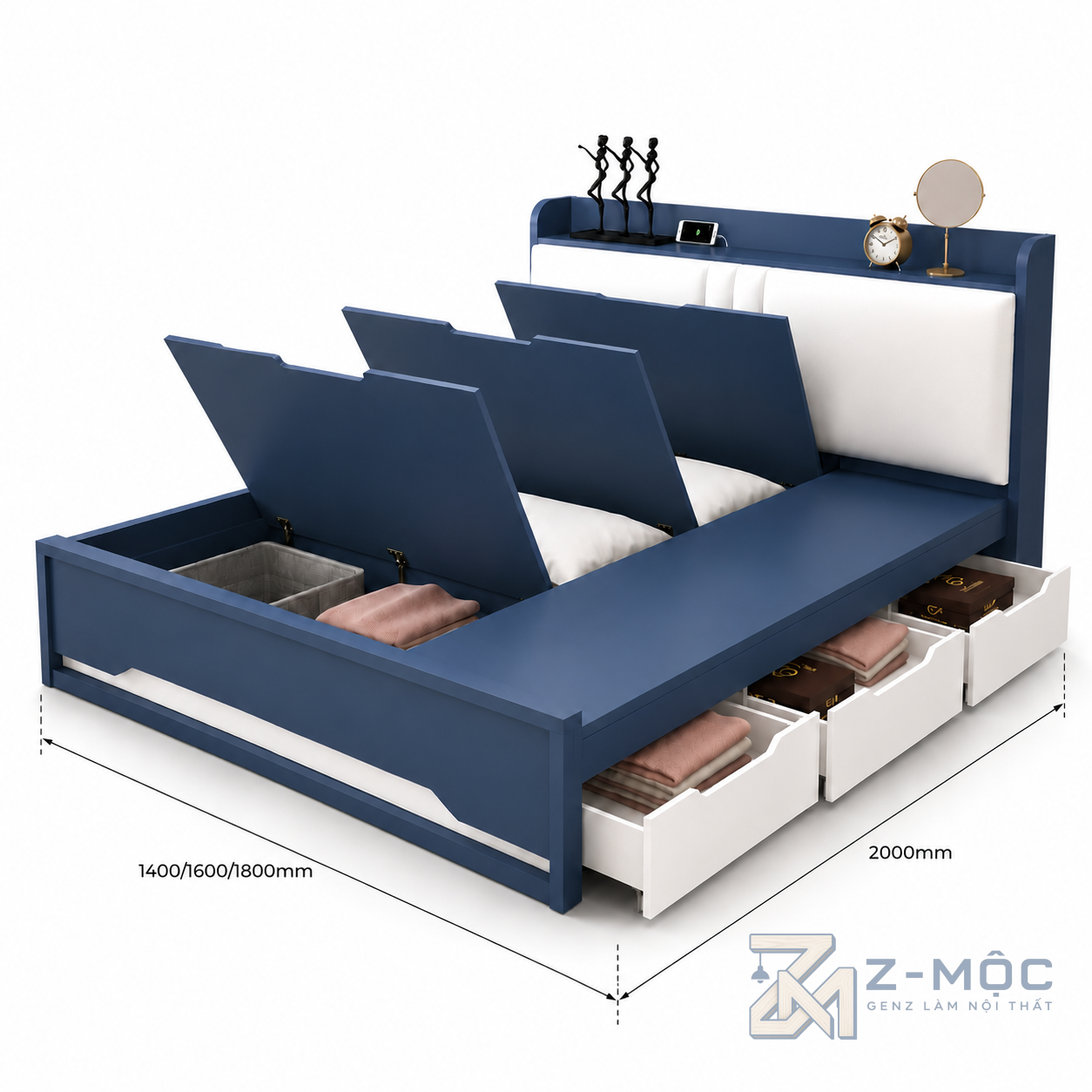 Kích thước chi tiết Giường Ngủ Có Ngăn Kéo Và Hộc Chứa Đồ Thông Minh ZM-11024