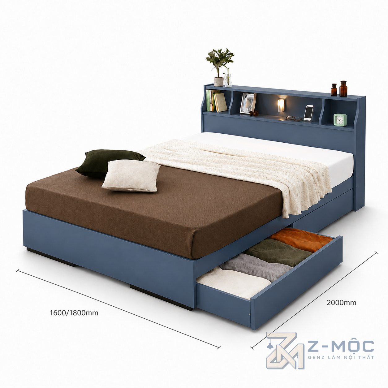 Kích thước chi tiết Giường Ngủ Có Ngăn Kéo Và Kệ Đầu Giường Hiện Đại ZM-11025