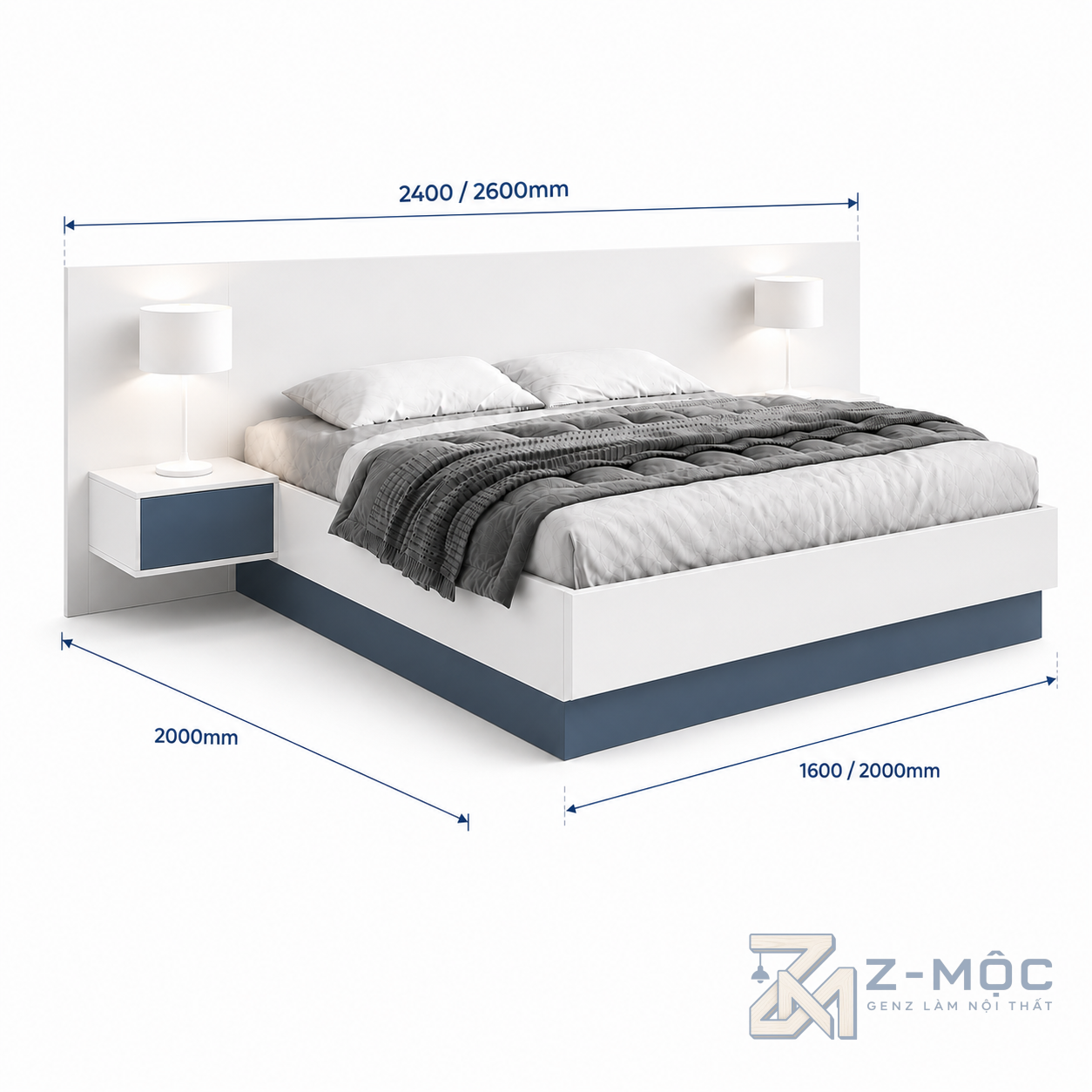 Kích thước chi tiết Giường Ngủ Gỗ Màu Trắng Tối Giản Có Tab Đầu Giường ZM-11027