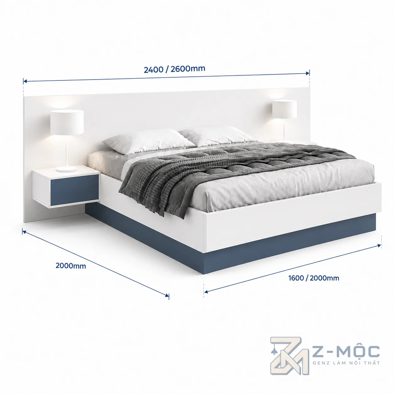 Kích thước chi tiết Giường Ngủ Gỗ Màu Trắng Tối Giản Có Tab Đầu Giường ZM-11027
