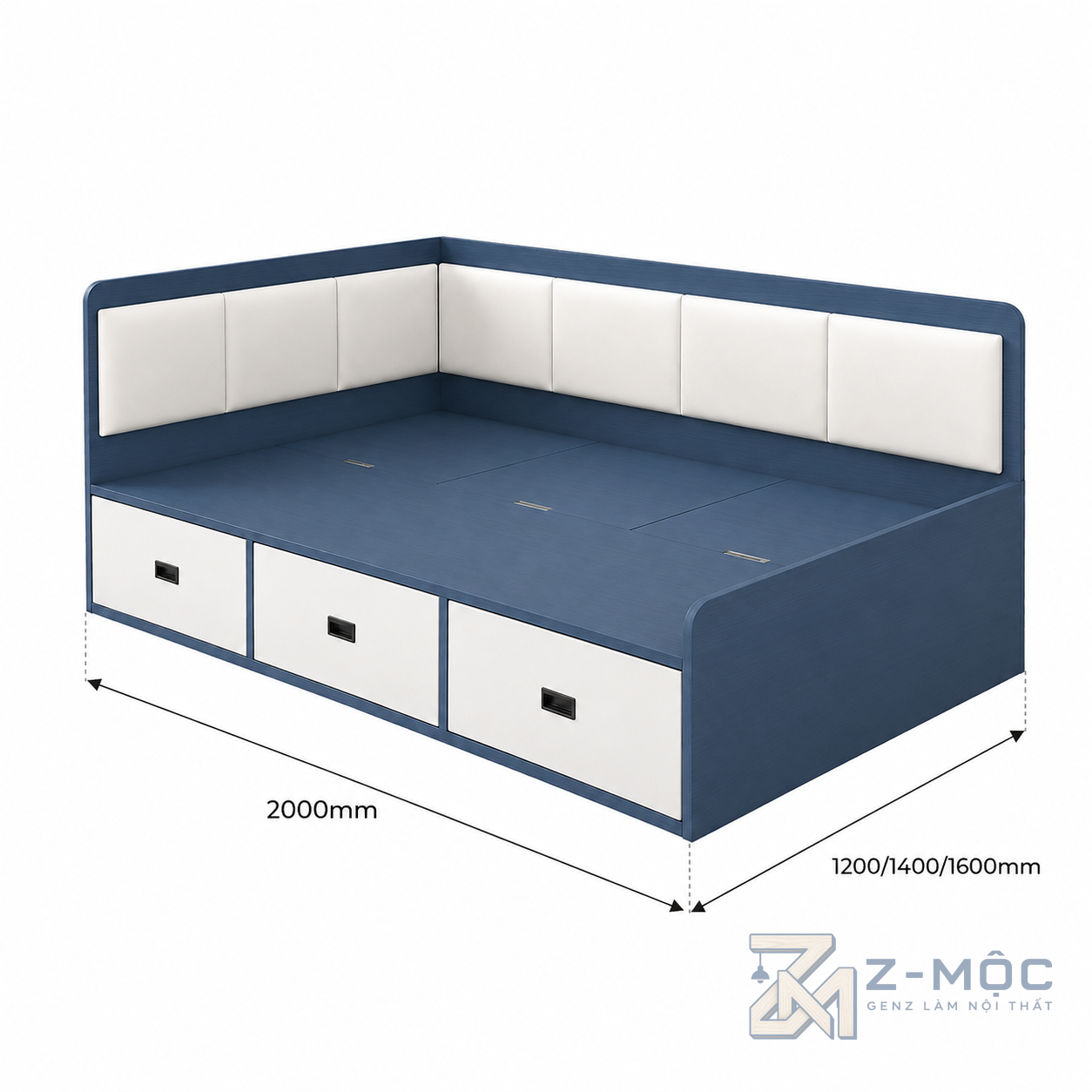 Kích thước chi tiết Giường Ngủ Góc Bọc Đệm Có Ngăn Kéo Hiện Đại ZM-11038