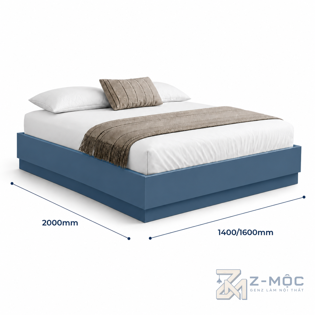 Kích thước chi tiết Giường Ngủ Không Đầu Giường Gỗ MDF Màu Xanh ZM-11023