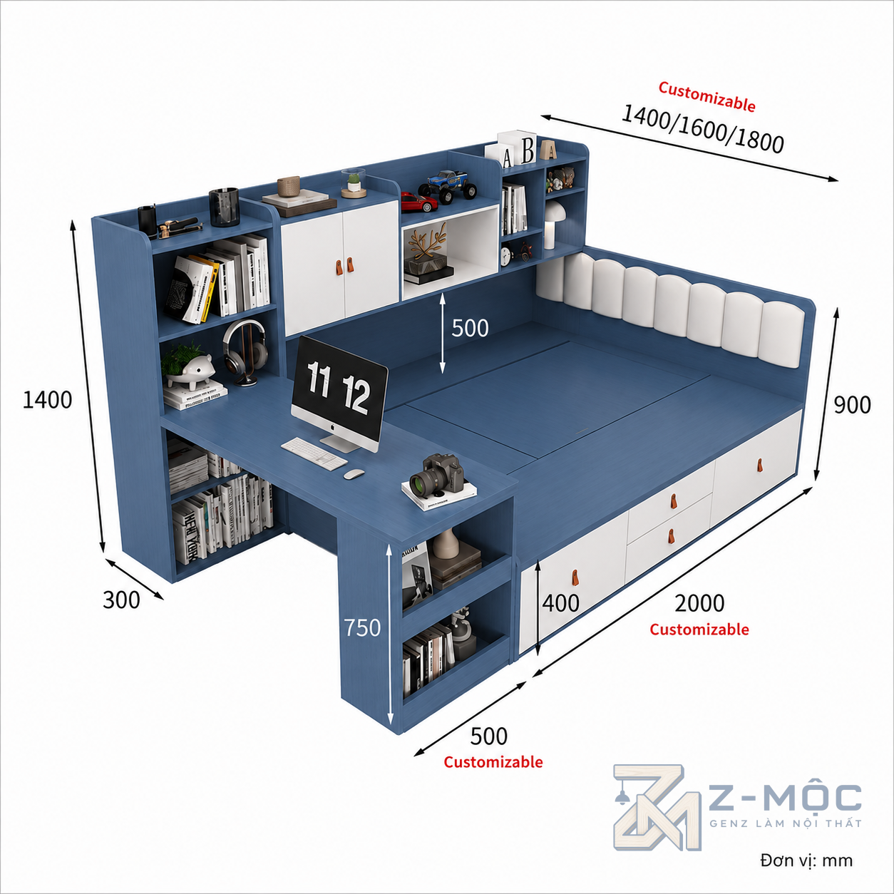 Kích thước chi tiết Giường Ngủ Liền Kệ Sách Và Bàn Làm Việc Gọn Gàng ZM-11031