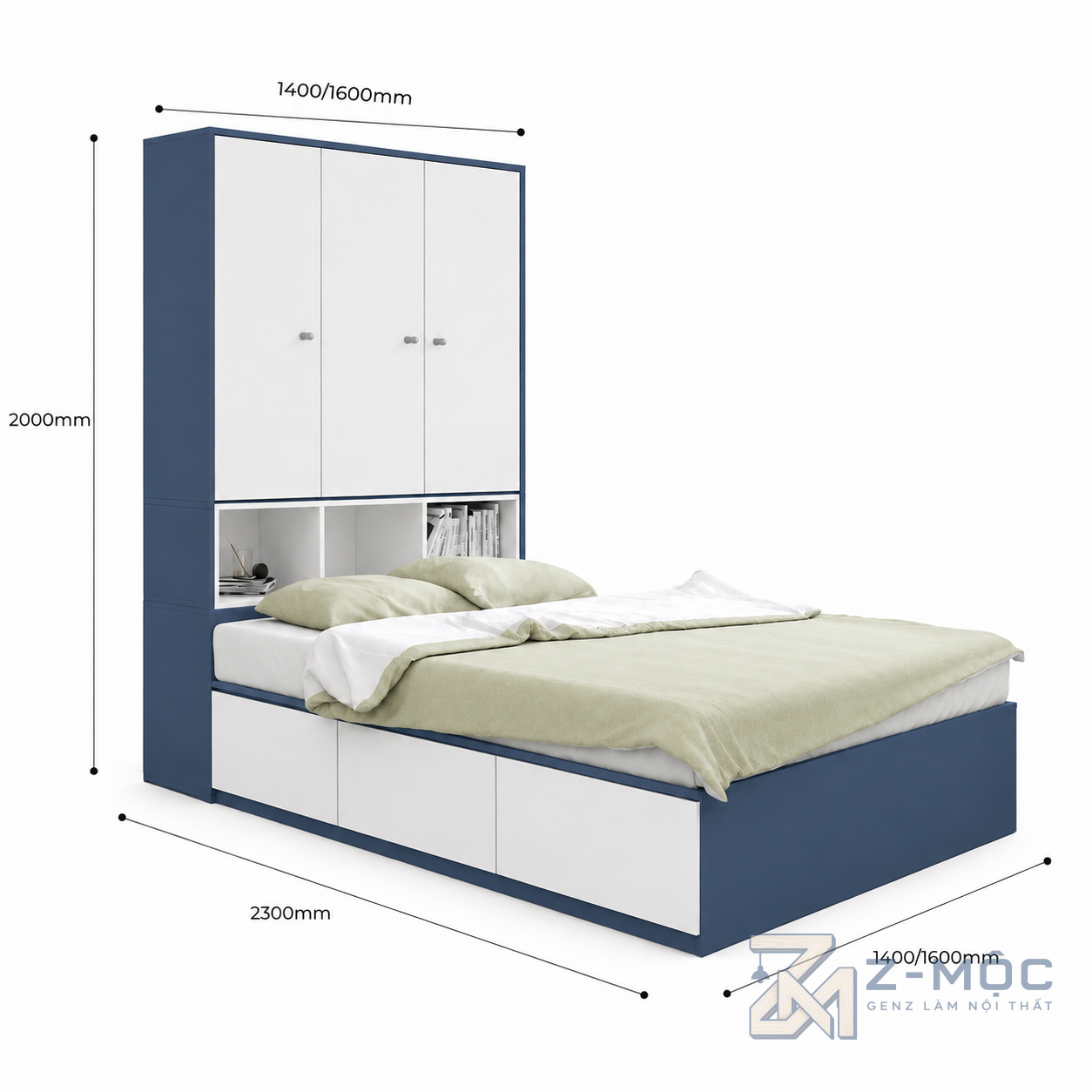 Kích thước chi tiết Giường Ngủ Liền Tủ Để Đồ Màu Xanh Trắng ZM-11030